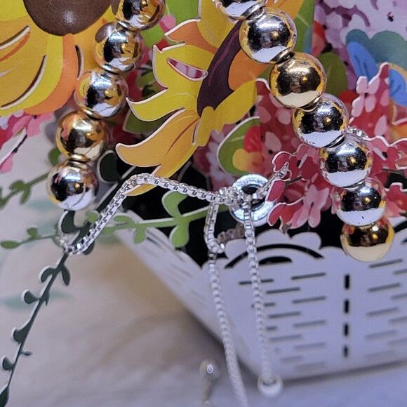 Jade, New, Sterling Silver, Stamped, Two-Tone, 6mm Bead Adjustable Bracelet - Picture 5 of 6